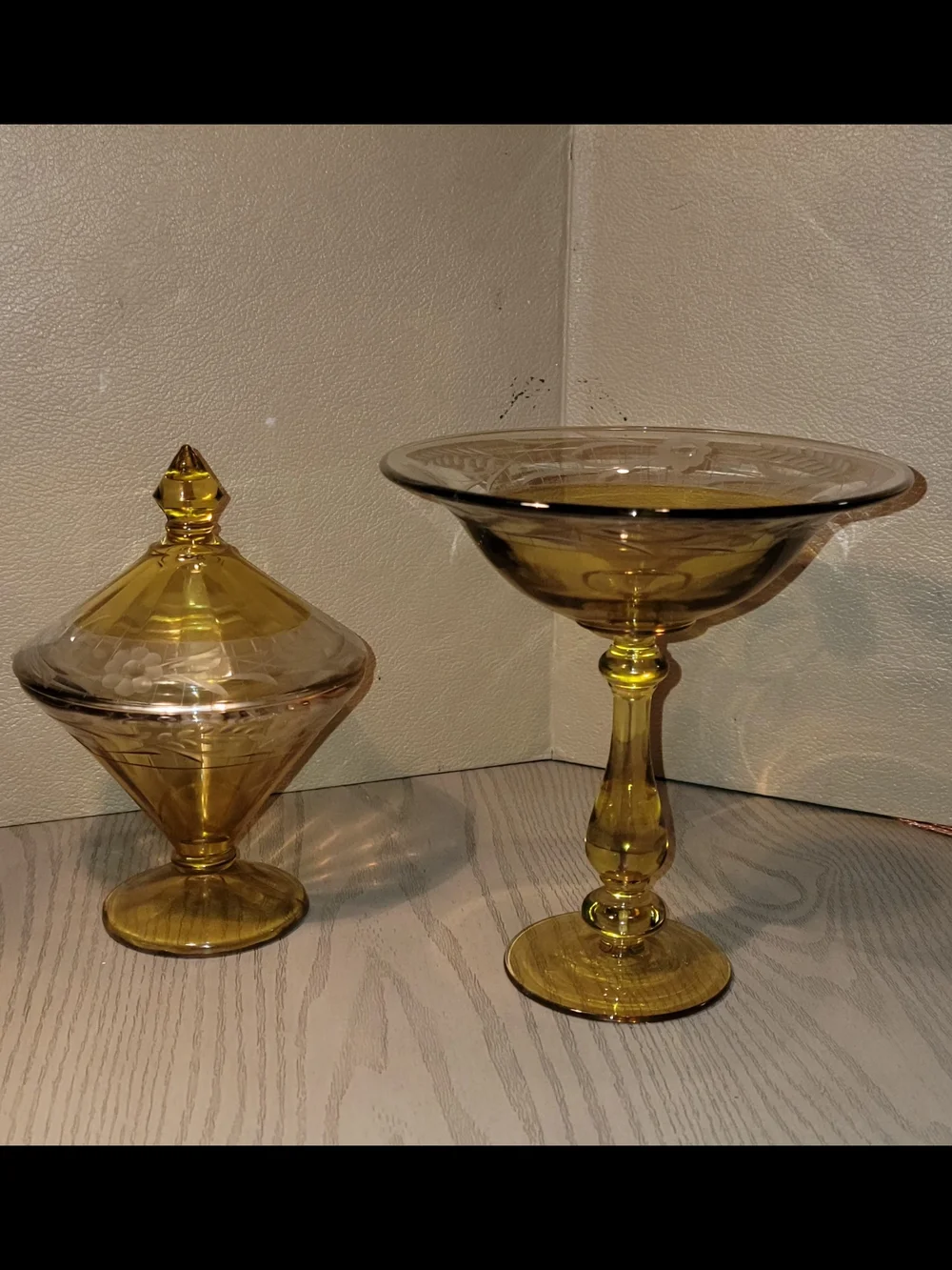 Amber Glass Compote and Lidded And Pedestal Candy Dishes  Set 6x7.5 And 7x8